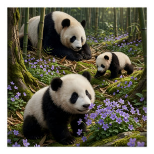 Süße Pandas in einer verzauberten grünen Waldlands Poster