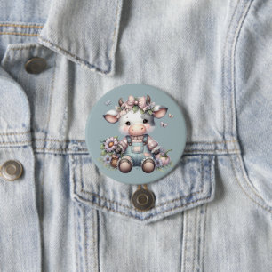 Süße Pastell-Babykuh in Overall mit Blumen Button