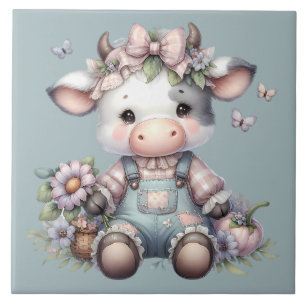 Süße Pastell-Babykuh in Overall mit Blumen Fliese