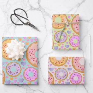 Süße Pastell-Donuts & Herzen Geschenkpapier Set