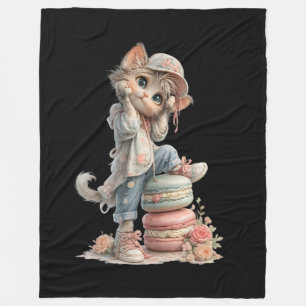 Süße Pastell Farben Anbetungswürdige Katze & Macar Fleecedecke