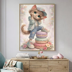 Süße Pastell-Kätzchen-Macaron-Kunstposter Poster