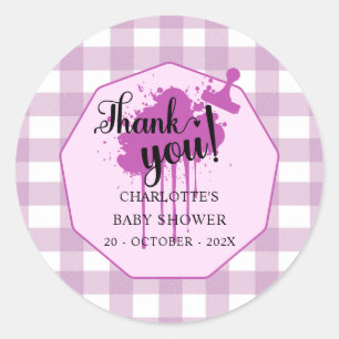 Süße Pastell-Lila-Gingham-Baby-Party Runder Aufkleber