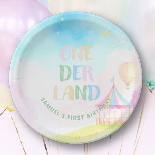 Süße Pastell-Onederland-Aquarell 1. Geburtstag Pappteller