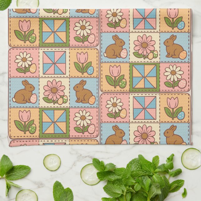 Süße Pastell-Osterhasen-Blumen-Patchwork  Geschirrtuch (Gefaltet)
