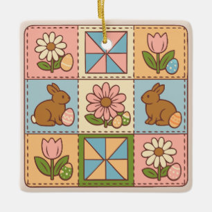 Süße Pastell-Osterhasen-Blumen-Patchwork Keramikornament