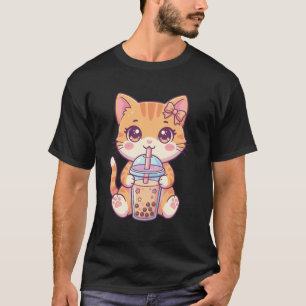Süße Pastell-Tabby-Katze trinkt Boba Art Kawaii Ki T-Shirt