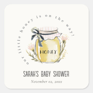 Süße Pastell-Wasserfarbe Honigglas Baby Shower Quadratischer Aufkleber