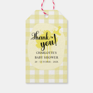 Süße Pastellgelbe Gingham-Baby-Party Geschenkanhänger