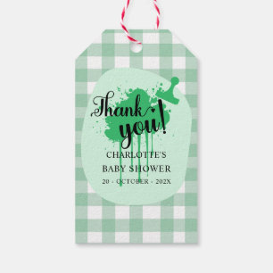 Süße Pastellgrüne Gingham-Baby-Party Geschenkanhänger