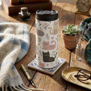 Süße Pastellkatze und Blumendesign Thermosbecher