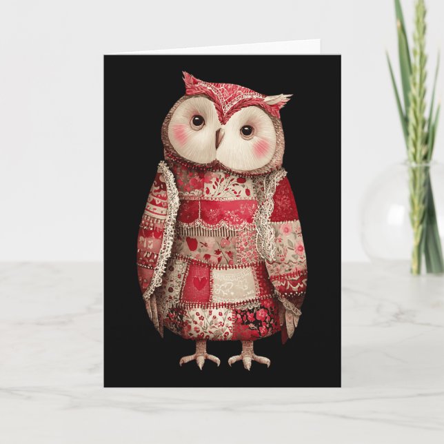 Süße Patchwork-Eule-Quilting-Liebhaber Valentinsta Karte (Vorderseite)