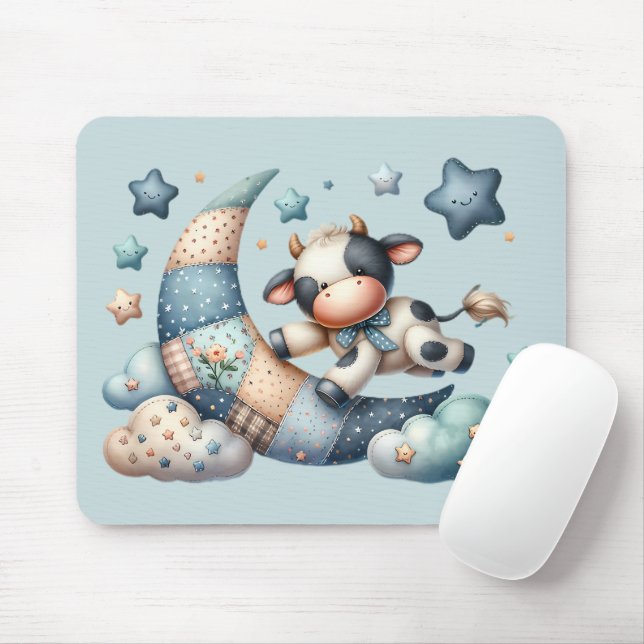 Süße Patchwork-Kuh über dem Mond mit Sternen Mousepad (Mit Mouse)