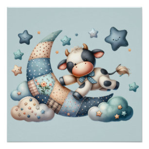 Süße Patchwork-Kuh über dem Mond mit Sternen Poster