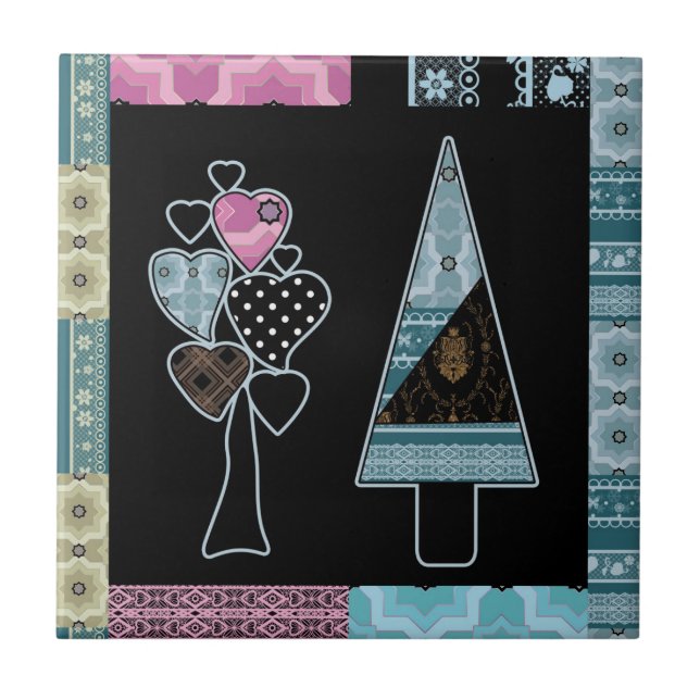 Süße Patchwork-Quilt-Baum abstrakte Formen schwarz Fliese (Vorderseite)