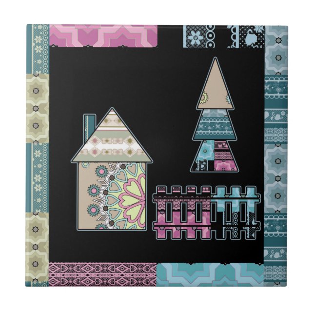 Süße Patchwork-Quilt-Haus-Baum-Abstrakt-Formen Fliese (Vorderseite)