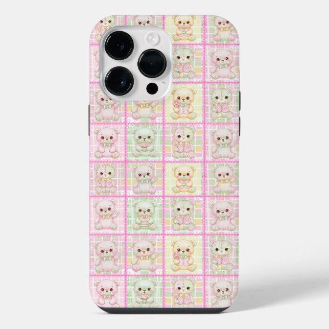 Süße Patchwork-Teddybär-Decke Nahtlos iPhone 14 Pro Max Hülle (Rückseite)