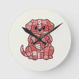 Süße Patchwork-Welpe-Hund-Illustration mit Herz Runde Wanduhr