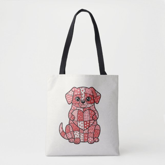 Süße Patchwork-Welpe-Illustration mit Herz  Tasche (Vorderseite)
