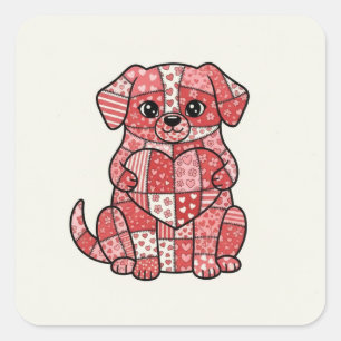 Süße Patchwork-Welpe mit Herz-Illustration  Quadratischer Aufkleber