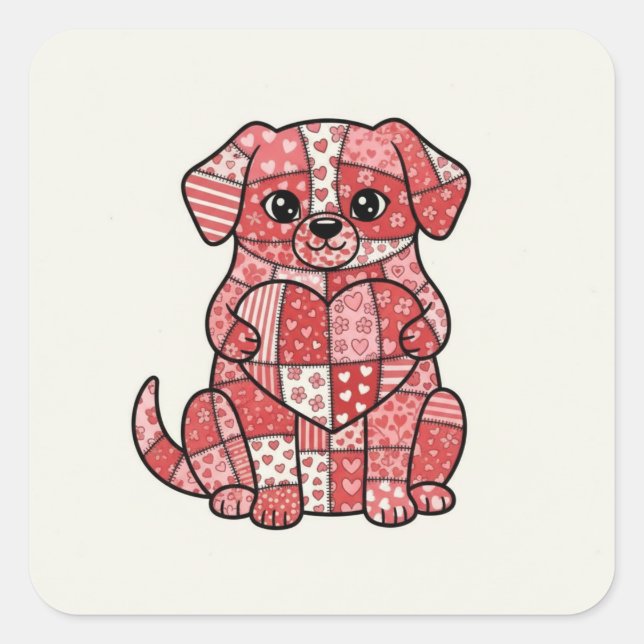 Süße Patchwork-Welpe mit Herz-Illustration  Quadratischer Aufkleber (Vorderseite)
