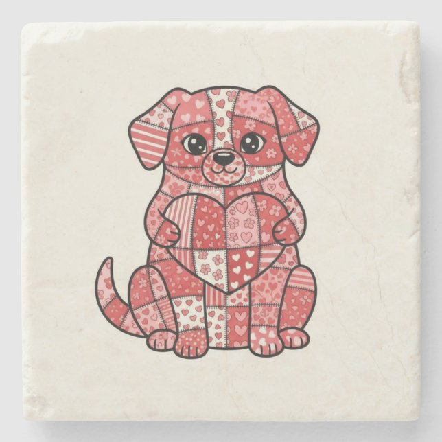 Süße Patchwork-Welpe mit Herz-Illustration  Steinuntersetzer (Vorderseite)