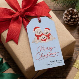 Süße personalisierbare Weihnachtsrobben-Familie Geschenkanhänger