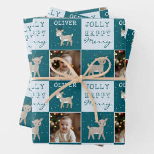 Süße Personalisierte Baby-Foto-Rentiere Weihnachte Geschenkpapier Set