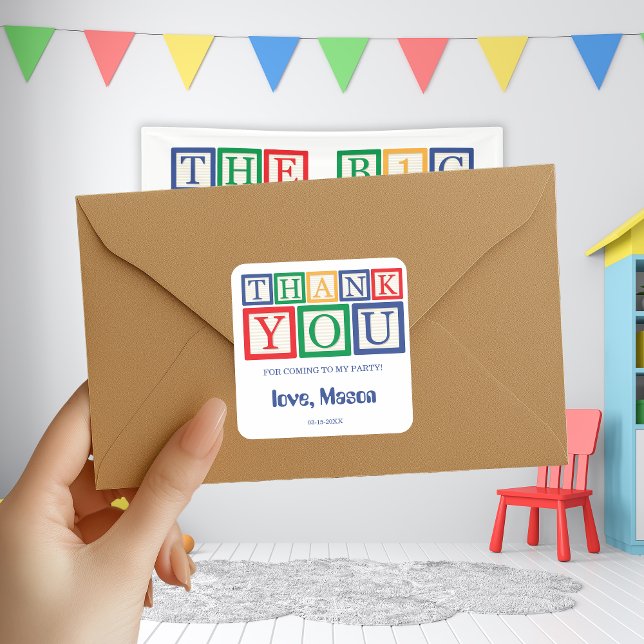 Süße personalisierte Grundfarben-Blöcke Danke Quadratischer Aufkleber (Von Creator hochgeladen)