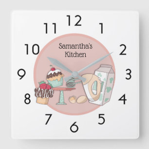 Süße personalisierte rosa Cupcake-Küchenwanduhr Quadratische Wanduhr