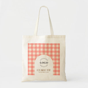 Süße Pfirsich-Rosa-Gingham-Preppy-Logo-Geschäft Tragetasche