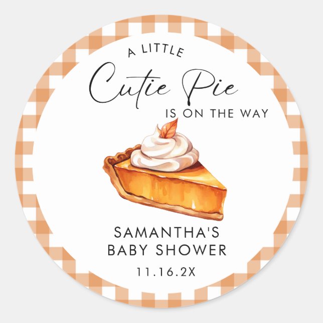 Süsse Pie Pumpkin Fall Gingham Baby Dusche Runder Aufkleber (Vorderseite)