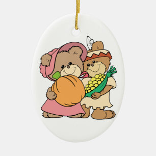 süße Pilger und Indianer Thanksgiving Teddybären Keramikornament