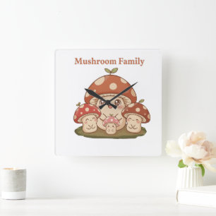 Süße Pilzfamilie Retro Kawaii Wald Pilze Kunst Quadratische Wanduhr
