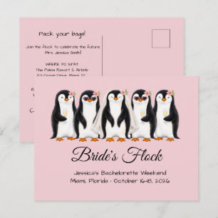 Süße Pinguin-Brautjungfer-Herde Rosa Junggesellinn Einladungspostkarte