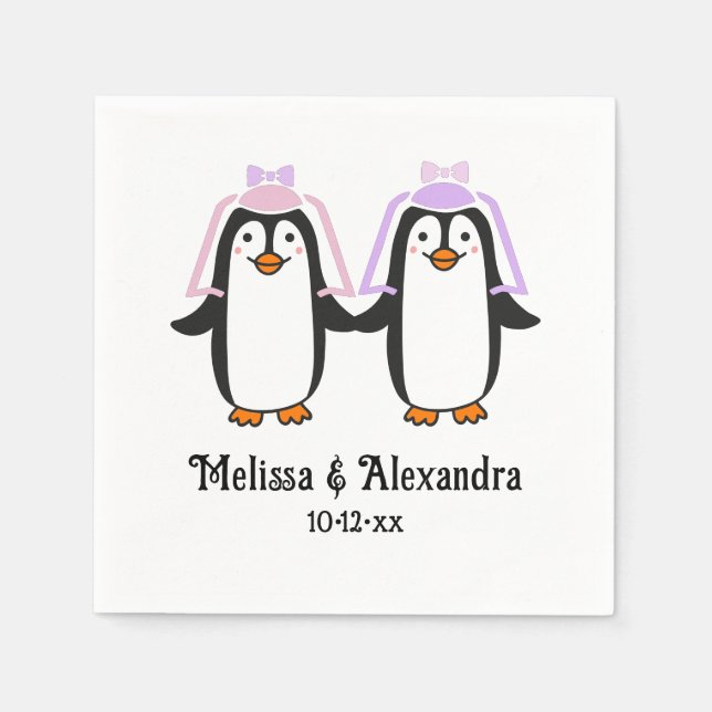 Süße Pinguin-Damen Hochzeitspaar Namen Datum #4 Serviette (Vorderseite)