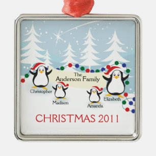 Süße Pinguin-Familie mit 4 Weihnachtsbaumanhänger Ornament Aus Metall