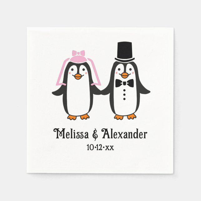 Süße Pinguin-Hochzeitspaar-Namen Datum #3SmP  Serviette (Vorderseite)