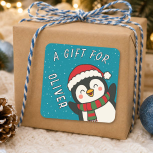 Süße Pinguin-Kinder Name Weihnachtsgeschenk Quadratischer Aufkleber