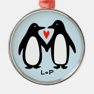 Süße Pinguin-Paare mit benutzerdefinierten Initial Ornament Aus Metall