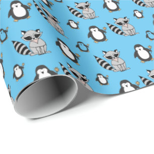 Süße Pinguin Waschbär Freunde Baby Geschenk Blau Geschenkpapier