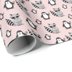 Süße Pinguin Waschbär Freunde Baby-Geschenk Rosa Geschenkpapier