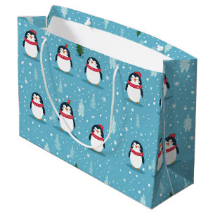Süße Pinguine auf Hellblau mit Schneeflocken Große Geschenktüte