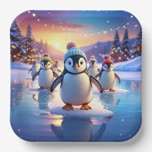 Süße Pinguine in Wintermützen auf Papierplatte Pappteller
