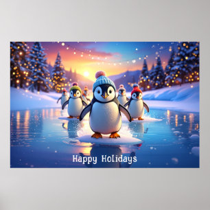 Süße Pinguine in Wintermützen Baum Poster