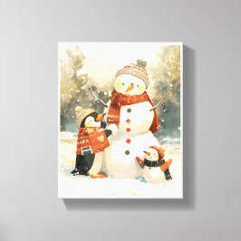 Süße Pinguine & Schneemann – Gemütliche Winter-Was Leinwanddruck