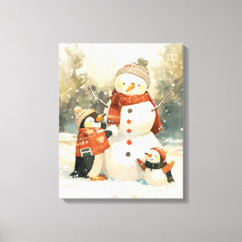 Süße Pinguine & Schneemann – Gemütliche Winter-Was Leinwanddruck