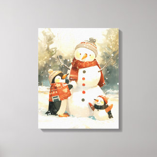 Süße Pinguine & Schneemann – Gemütliches Winter-Wa Leinwanddruck