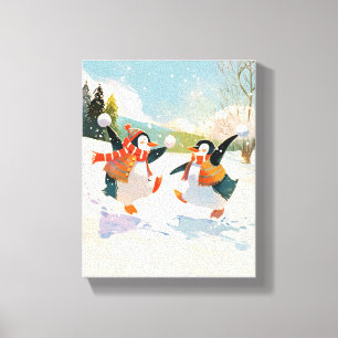 Süße Pinguine spielen im Schnee Wasserfarbe-Nurser Leinwanddruck