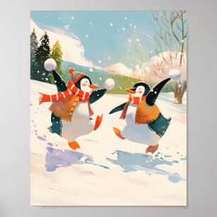 Süße Pinguine spielen im Schnee Wasserfarbe-Nurser Poster